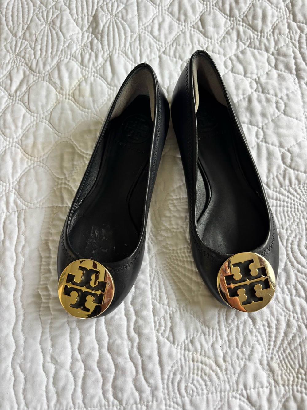 Tory Burch Reva Black Leather Ballet Flats with Gold Logo Medallions